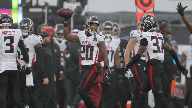 Dec 3, 2023; East Rutherford, New Jersey, USA; Atlanta Falcons cornerback Dee Alford (20) celebrates a fumble recovery against the New York Jets during the second quarter at MetLife Stadium. Mandatory Credit: Brad Penner-USA TODAY Sports  